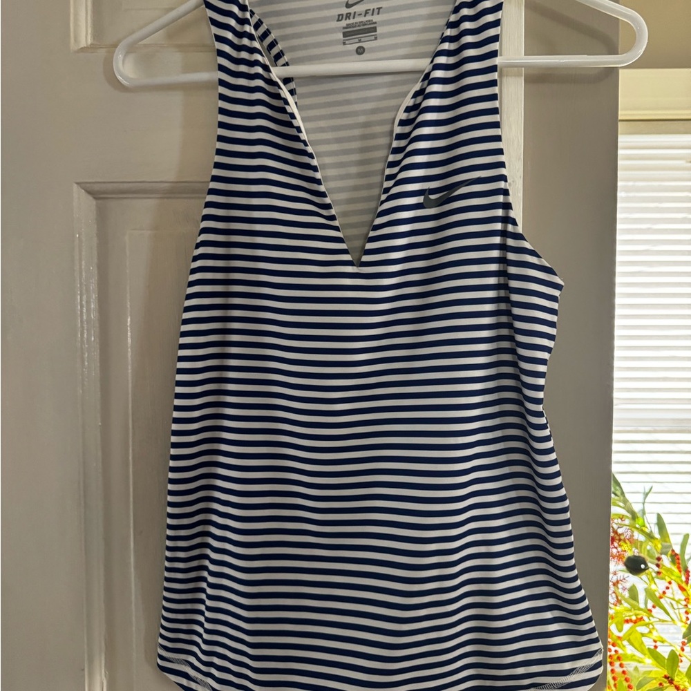 Nike Navy and White Striped Tank Top